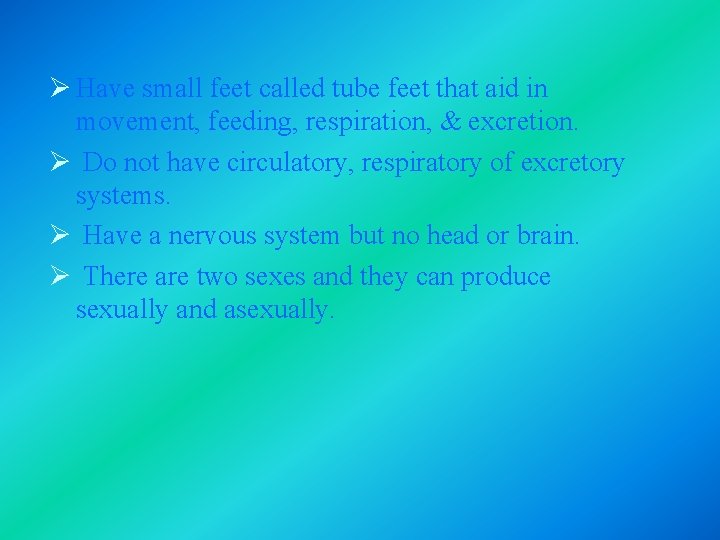 Ø Have small feet called tube feet that aid in movement, feeding, respiration, & Ø Have small feet called tube feet that aid in movement, feeding, respiration, &