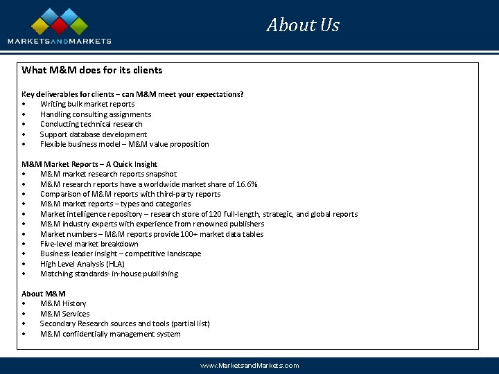 About Us What M&M does for its clients Key deliverables for clients – can