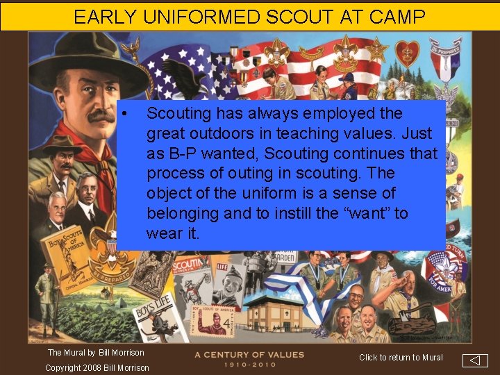 EARLY UNIFORMED SCOUT AT CAMP • Scouting has always employed the great outdoors in