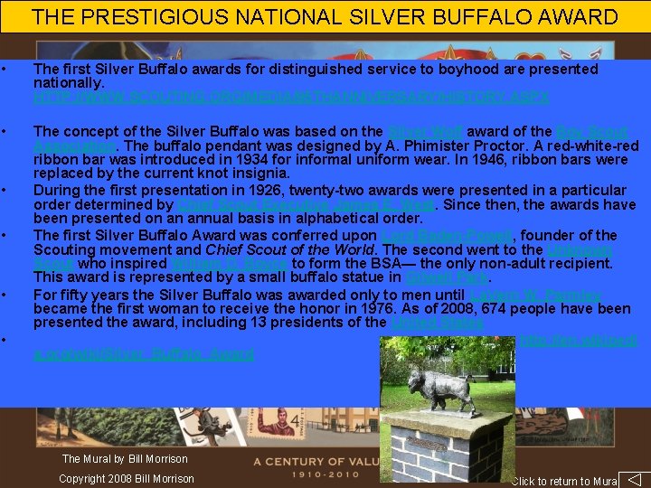 THE PRESTIGIOUS NATIONAL SILVER BUFFALO AWARD • The first Silver Buffalo awards for distinguished