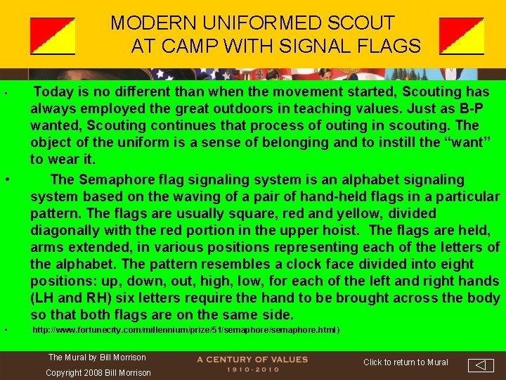 MODERN UNIFORMED SCOUT AT CAMP WITH SIGNAL FLAGS • • • Today is no