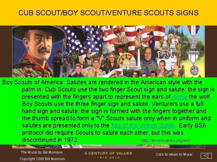CUB SCOUT/BOY SCOUT/VENTURE SCOUTS SIGNS Boy Scouts of America: Salutes are rendered in the