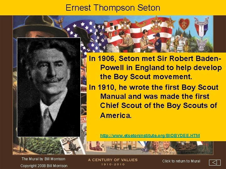 Ernest Thompson Seton In 1906, Seton met Sir Robert Baden. Powell in England to