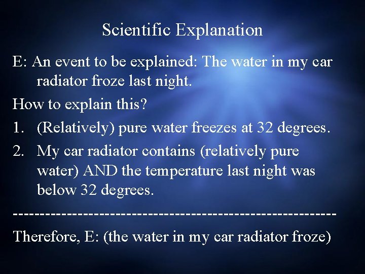 Scientific Explanation E: An event to be explained: The water in my car radiator