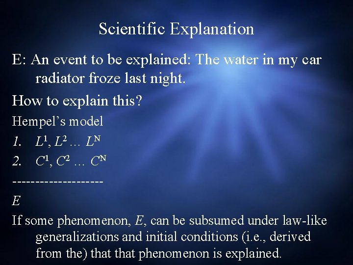 Scientific Explanation E: An event to be explained: The water in my car radiator