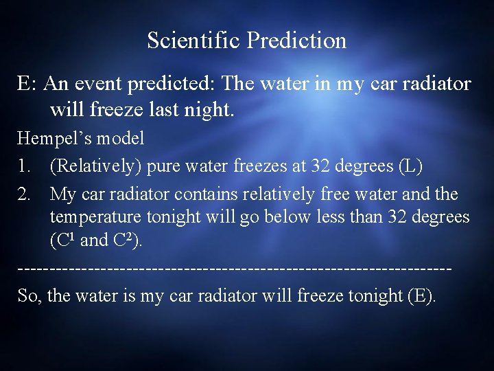 Scientific Prediction E: An event predicted: The water in my car radiator will freeze