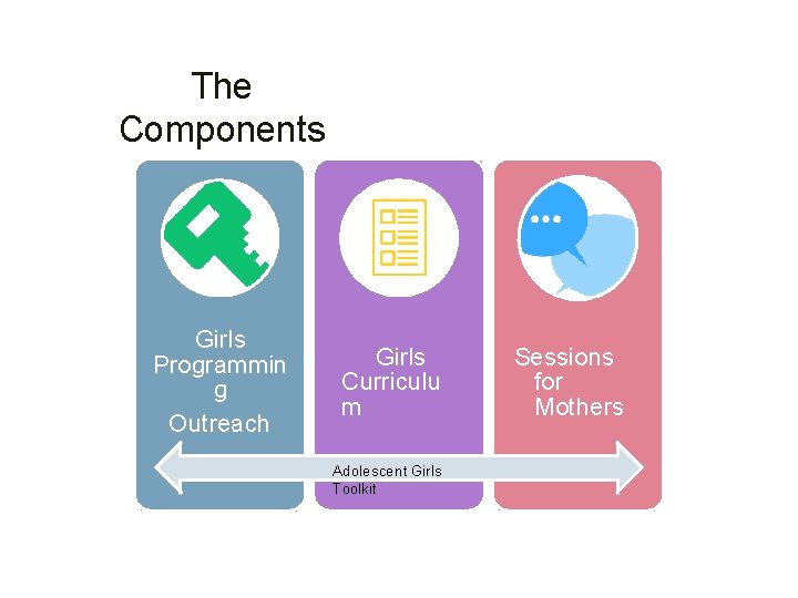 The Components Girls Programmin g Outreach Girls Curriculu m Adolescent Girls Toolkit Sessions for