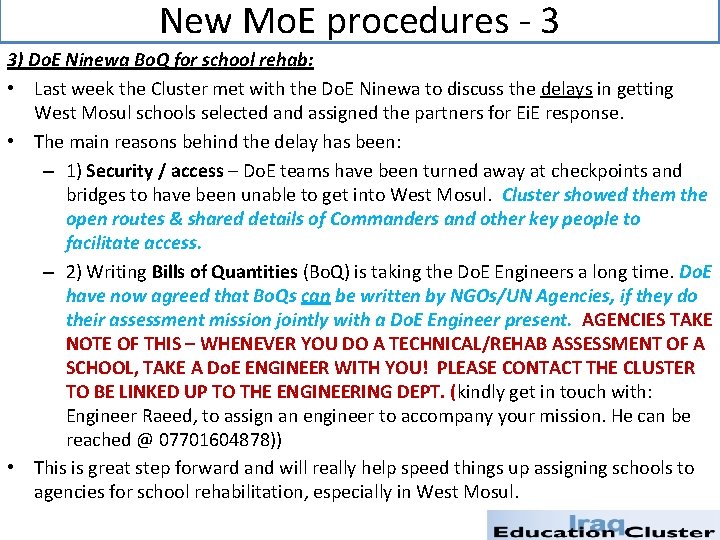 New Mo. E procedures - 3 3) Do. E Ninewa Bo. Q for school