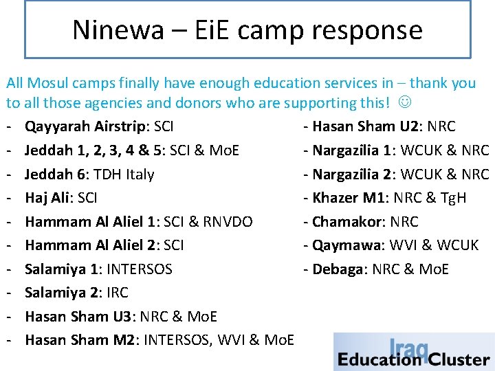 Ninewa – Ei. E camp response All Mosul camps finally have enough education services