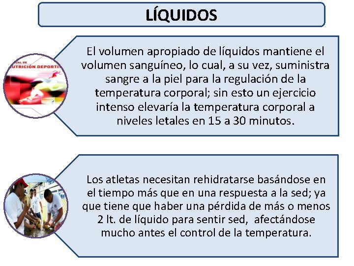 LÍQUIDOS El volumen apropiado de líquidos mantiene el volumen sanguíneo, lo cual, a su