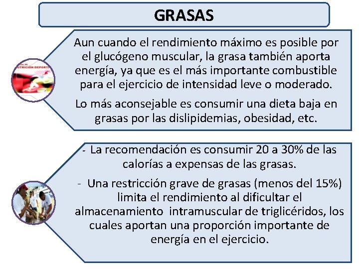 GRASAS Aun cuando el rendimiento máximo es posible por el glucógeno muscular, la grasa