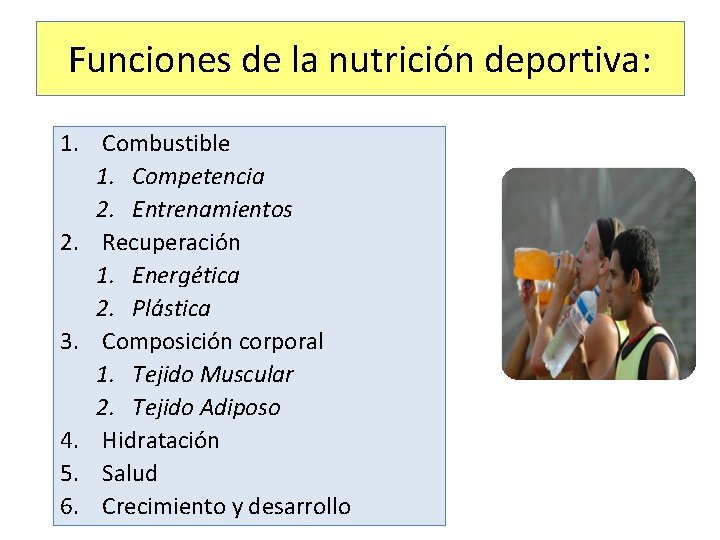 Funciones de la nutrición deportiva: 1. Combustible 1. Competencia 2. Entrenamientos 2. Recuperación 1.