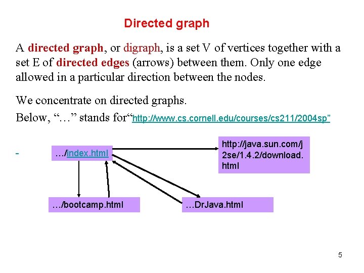 Directed graph A directed graph, or digraph, is a set V of vertices together