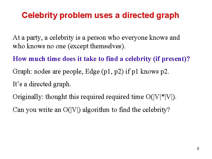 Celebrity problem uses a directed graph At a party, a celebrity is a person