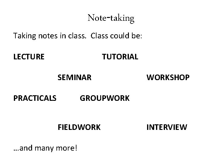 Note-taking Taking notes in class. Class could be: LECTURE TUTORIAL SEMINAR PRACTICALS WORKSHOP GROUPWORK