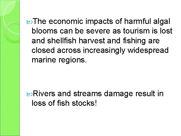  The economic impacts of harmful algal blooms can be severe as tourism is