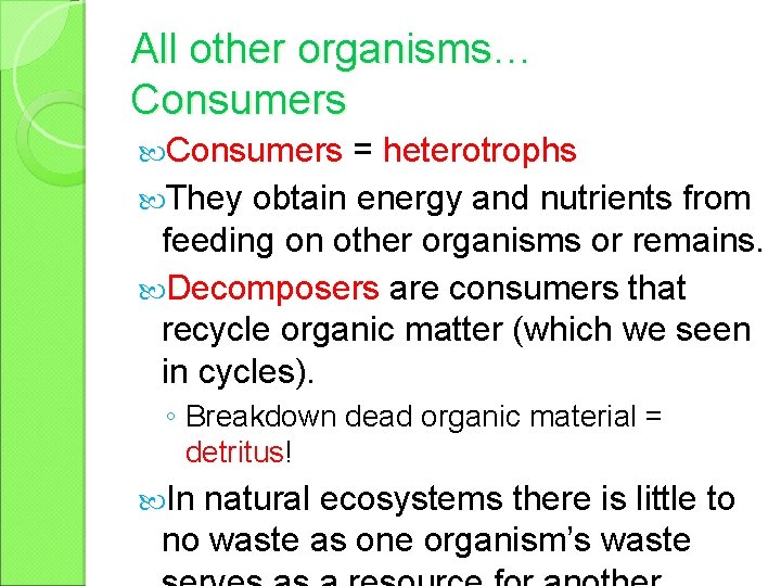 All other organisms… Consumers = heterotrophs They obtain energy and nutrients from feeding on