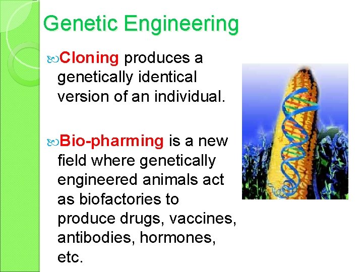 Genetic Engineering Cloning produces a genetically identical version of an individual. Bio-pharming is a