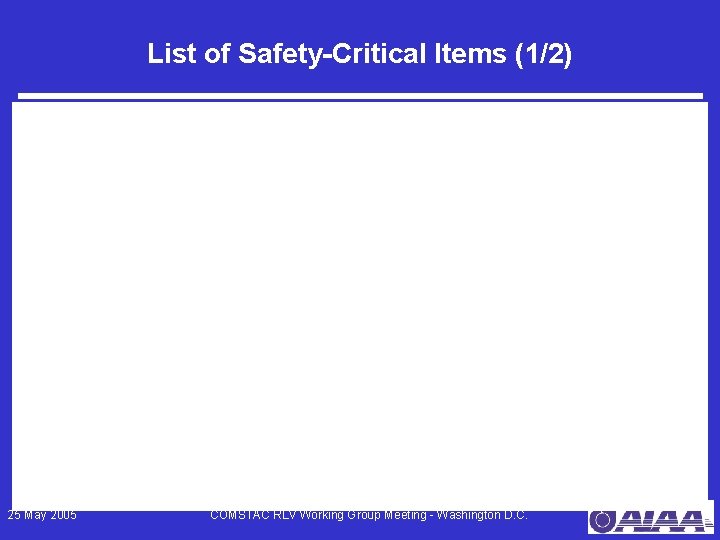 List of Safety-Critical Items (1/2) 25 May 2005 COMSTAC RLV Working Group Meeting -
