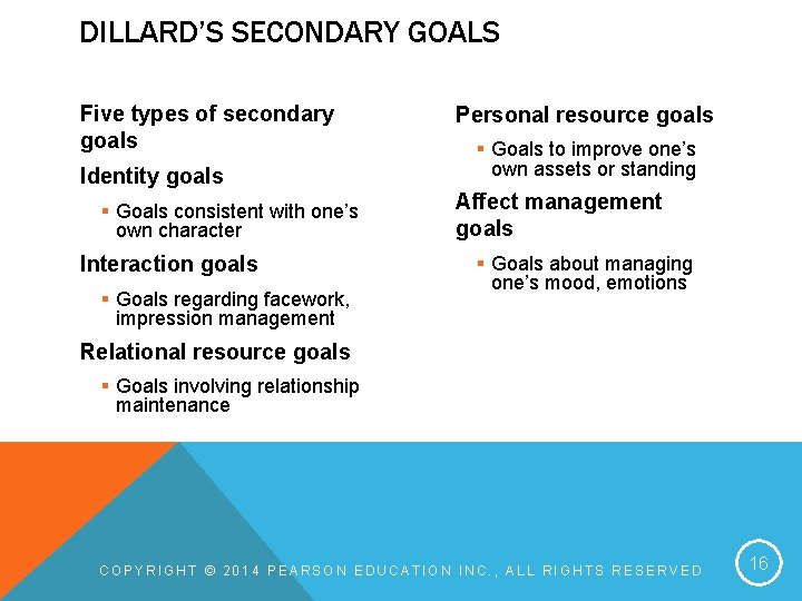 DILLARD’S SECONDARY GOALS Five types of secondary goals Identity goals § Goals consistent with