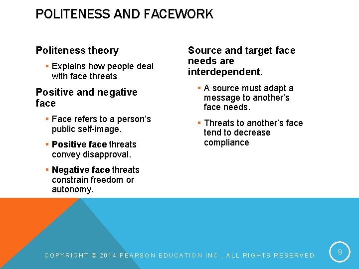 POLITENESS AND FACEWORK Politeness theory § Explains how people deal with face threats Positive