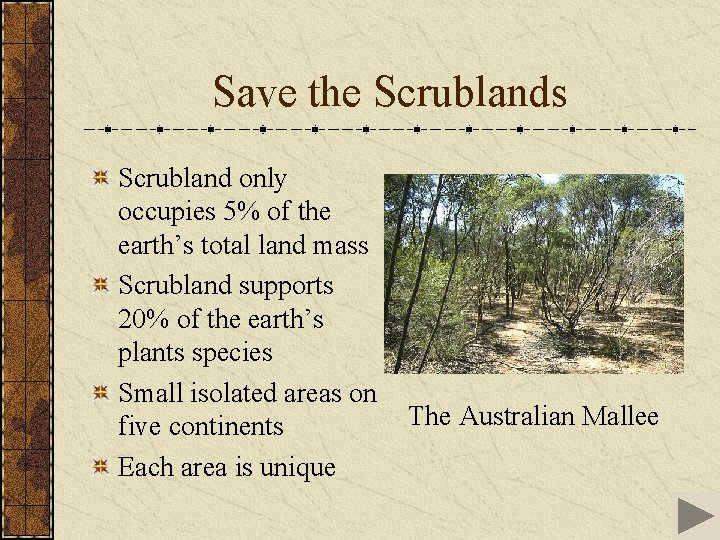 Save the Scrublands Scrubland only occupies 5% of the earth’s total land mass Scrubland