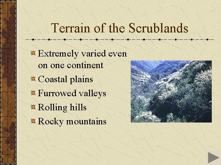 Terrain of the Scrublands Extremely varied even on one continent Coastal plains Furrowed valleys