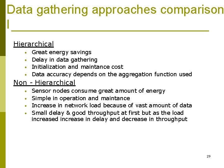 Data gathering approaches comparison I Hierarchical • • Great energy savings Delay in data