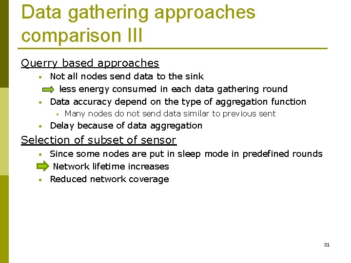 Data gathering approaches comparison III Querry based approaches • • Not all nodes send