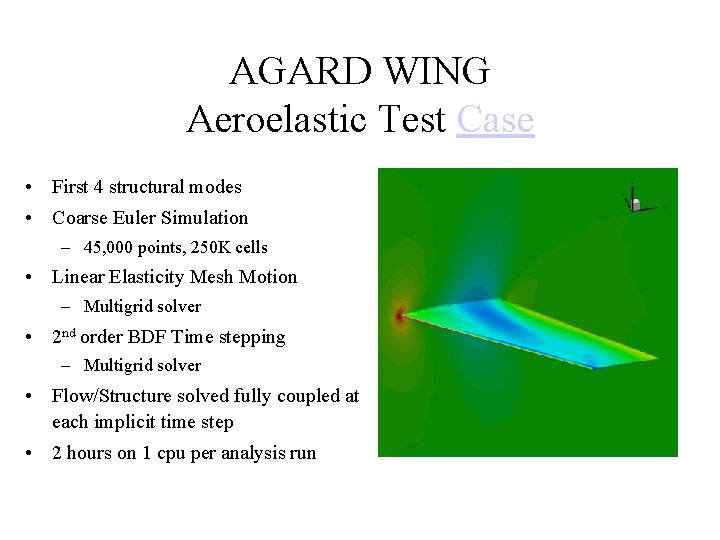 AGARD WING Aeroelastic Test Case • First 4 structural modes • Coarse Euler Simulation