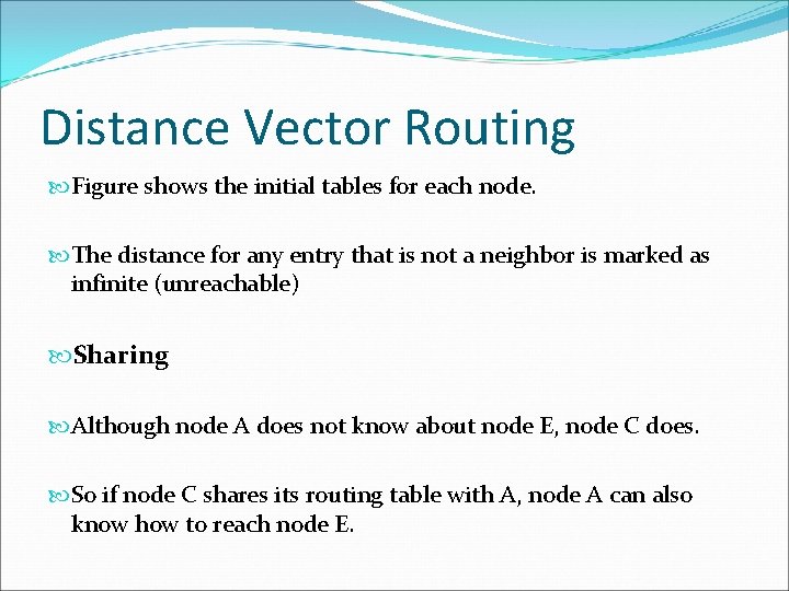 Distance Vector Routing Figure shows the initial tables for each node. The distance for