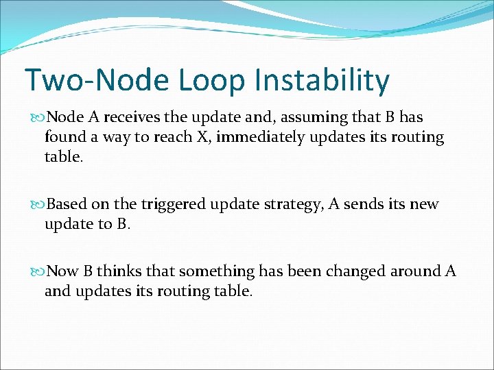 Two-Node Loop Instability Node A receives the update and, assuming that B has found