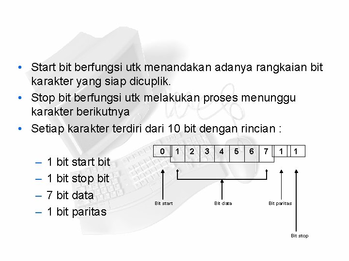 • Start bit berfungsi utk menandakan adanya rangkaian bit karakter yang siap dicuplik.