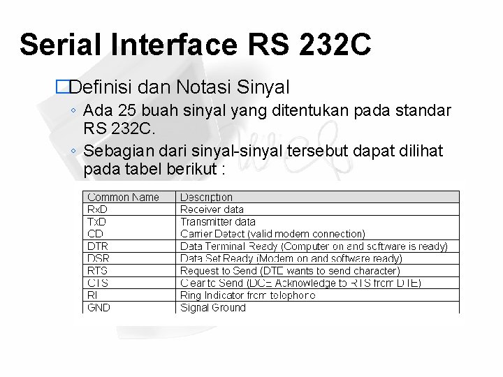 Serial Interface RS 232 C �Definisi dan Notasi Sinyal ◦ Ada 25 buah sinyal
