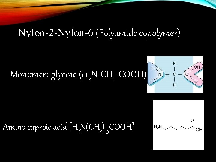  Nylon-2 -Nylon-6 (Polyamide copolymer) Monomer: -glycine (H 2 N-CH 2 -COOH) Amino caproic