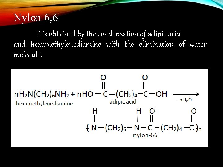 Nylon 6, 6 It is obtained by the condensation of adipic acid and hexamethylenediamine