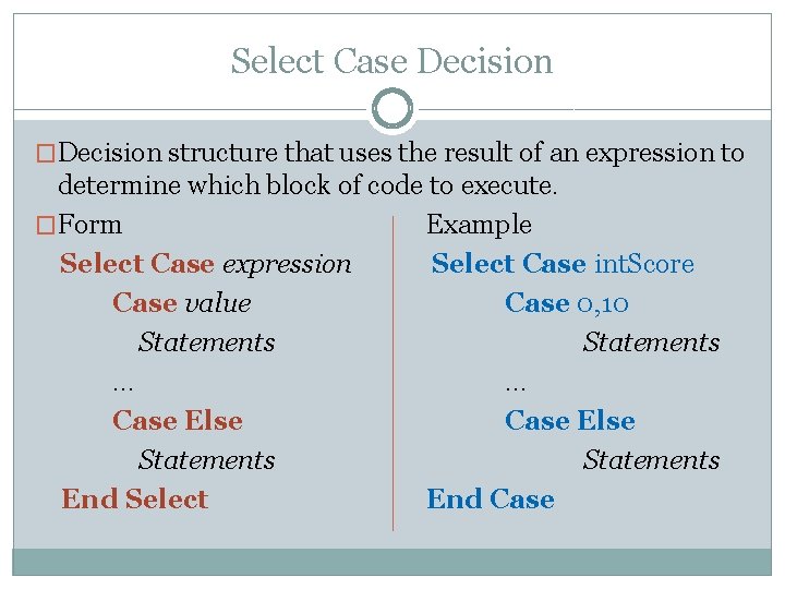 Select Case Decision �Decision structure that uses the result of an expression to determine