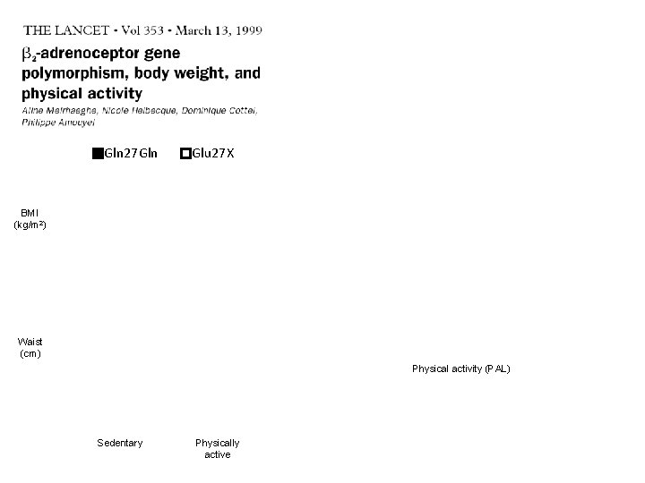 Gln 27 Gln Glu 27 X BMI (kg/m 2) Waist (cm) Physical activity (PAL)