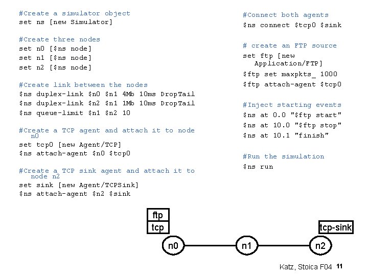 #Create a simulator object set ns [new Simulator] #Create three nodes set n 0