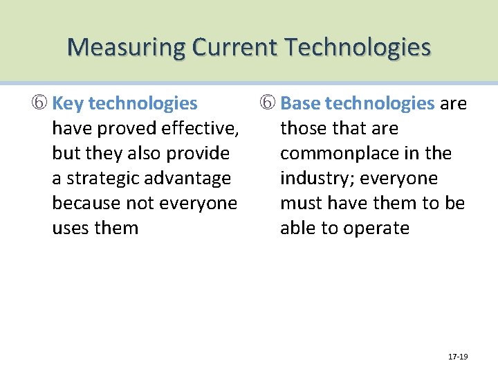 Measuring Current Technologies Key technologies Base technologies are have proved effective, those that are