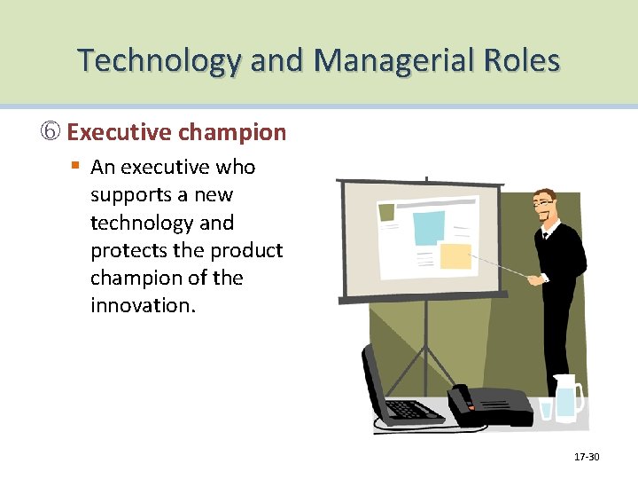 Technology and Managerial Roles Executive champion § An executive who supports a new technology