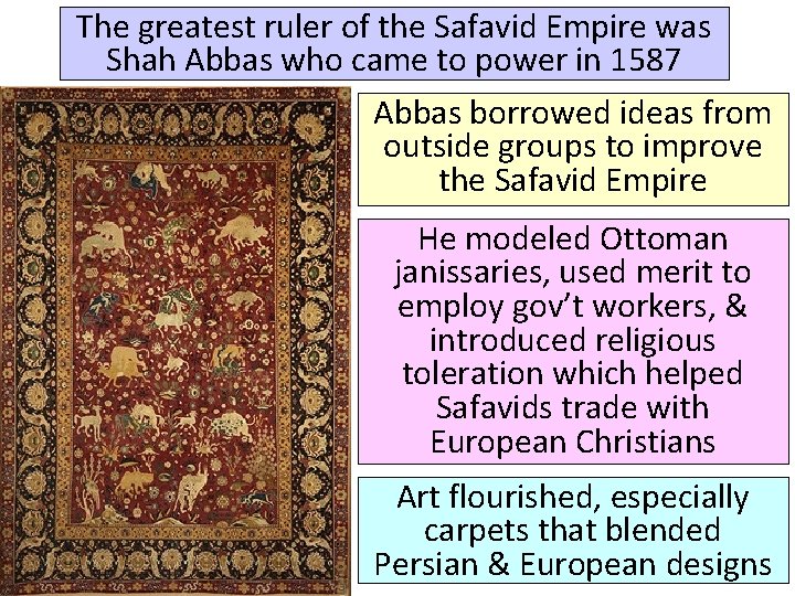 The greatest ruler of the Safavid Empire was Shah Abbas who came to power