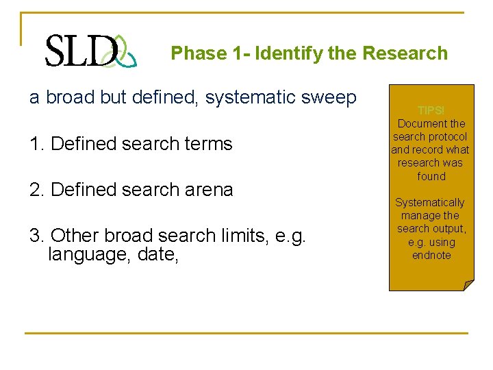 Phase 1 - Identify the Research a broad but defined, systematic sweep 1. Defined