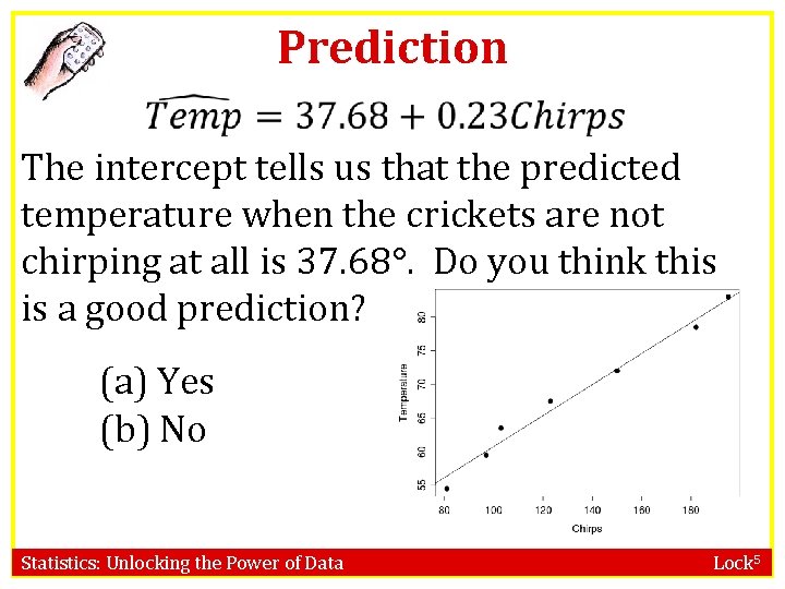 Prediction The intercept tells us that the predicted temperature when the crickets are not