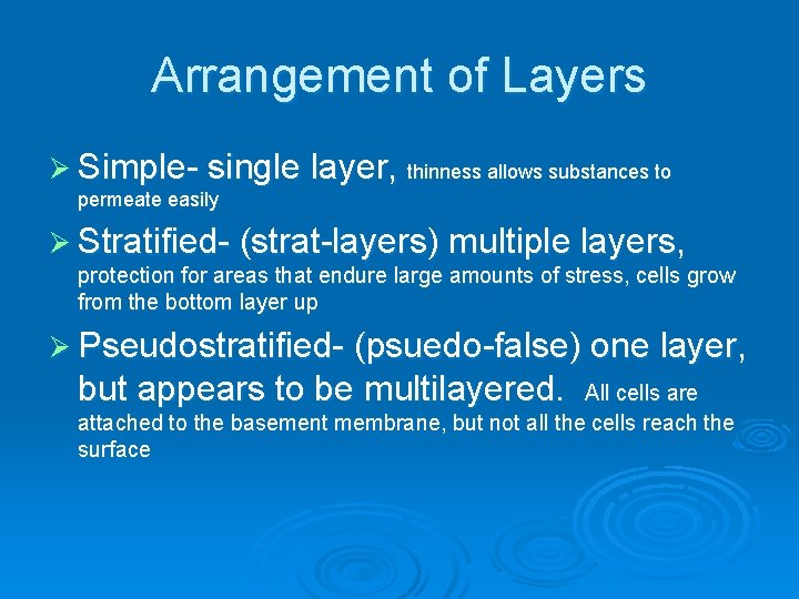 Arrangement of Layers Ø Simple- single layer, thinness allows substances to permeate easily Ø