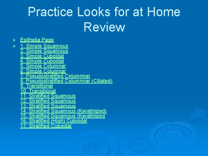 Practice Looks for at Home Review Ø Ø Epithelia Page 1. Simple Squamous 2.