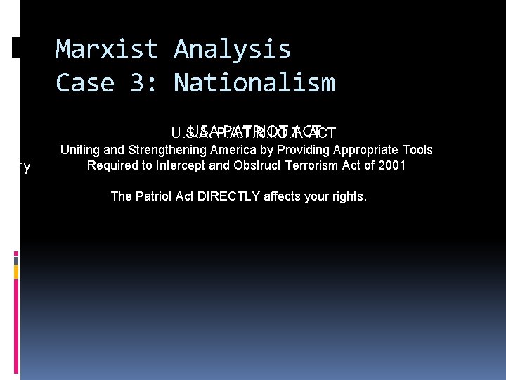 untry Marxist Analysis Case 3: Nationalism USAP. A. T. R. I. O. T. PATRIOT