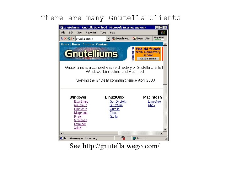 There are many Gnutella Clients See http: //gnutella. wego. com/ 