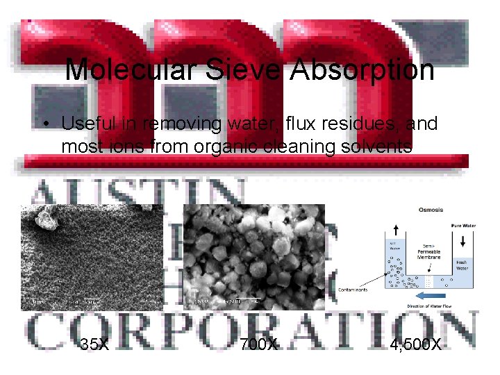 Molecular Sieve Absorption • Useful in removing water, flux residues, and most ions from