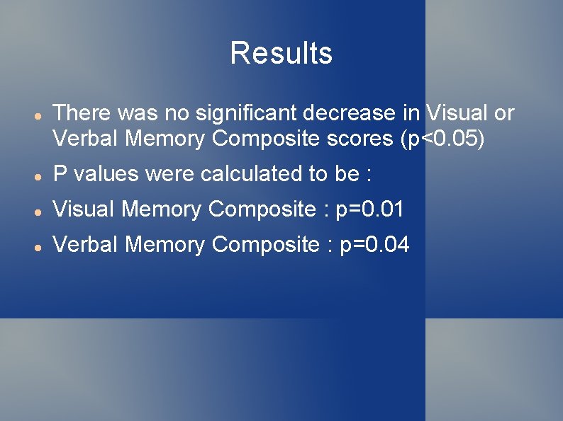 Results There was no significant decrease in Visual or Verbal Memory Composite scores (p<0.